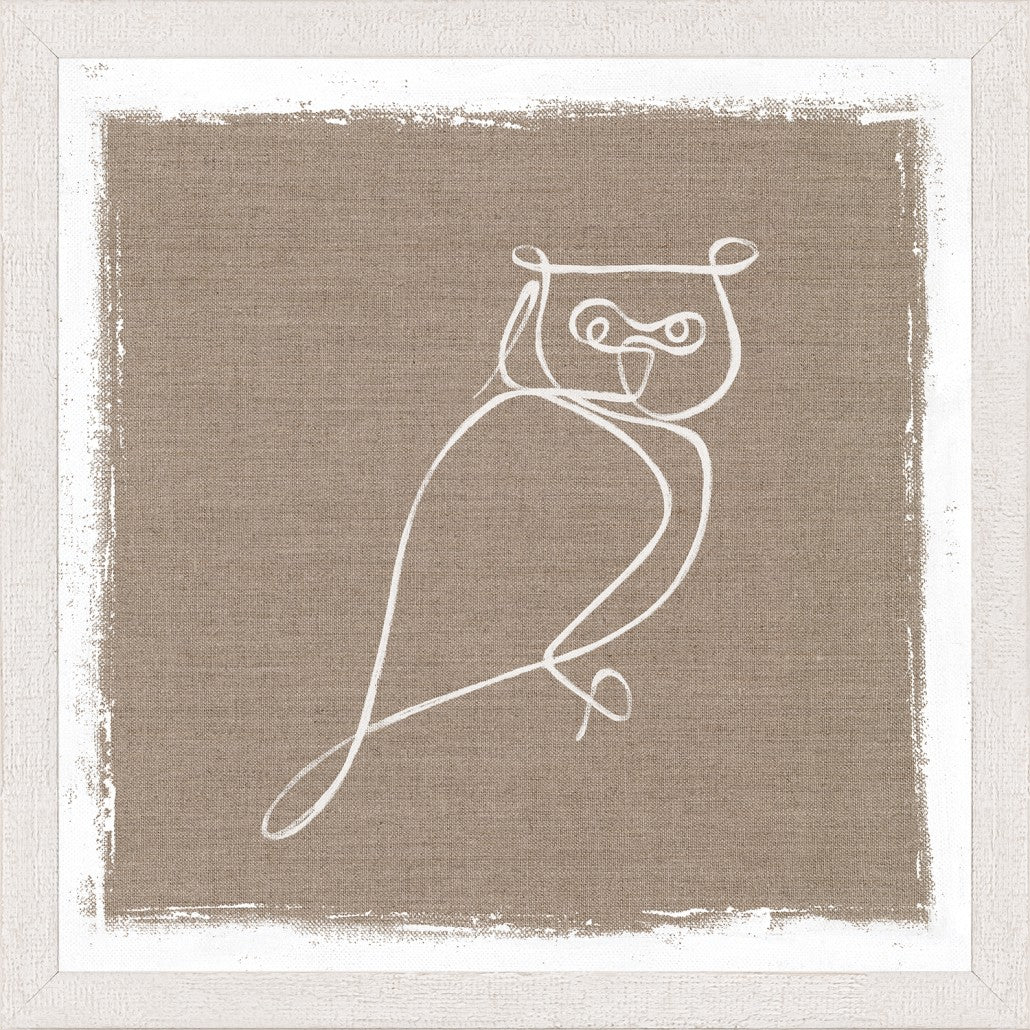 Cottage – One Line Owl wall art featuring a white line drawing of an owl on a beige linen background.