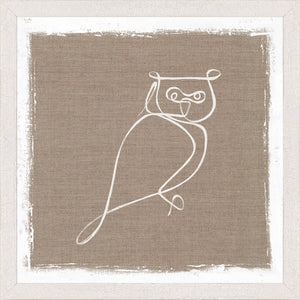 Cottage – One Line Owl wall art featuring a white line drawing of an owl on a beige linen background.