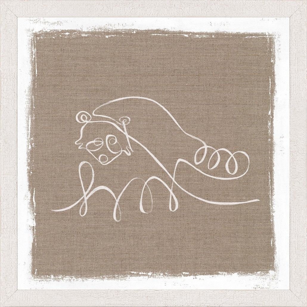 Cottage – One Line Racoon wall art featuring a minimalist raccoon design in white on a beige background
