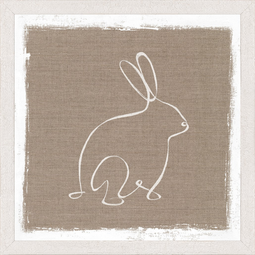 Cottage – One Line Rabbit Profile wall art featuring a white rabbit outline on a textured beige background.