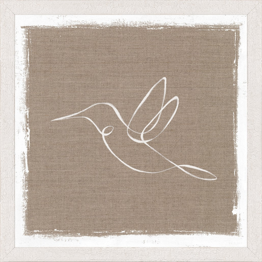 Cottage – One Line Hummingbird wall art featuring a white line drawing on a beige background
