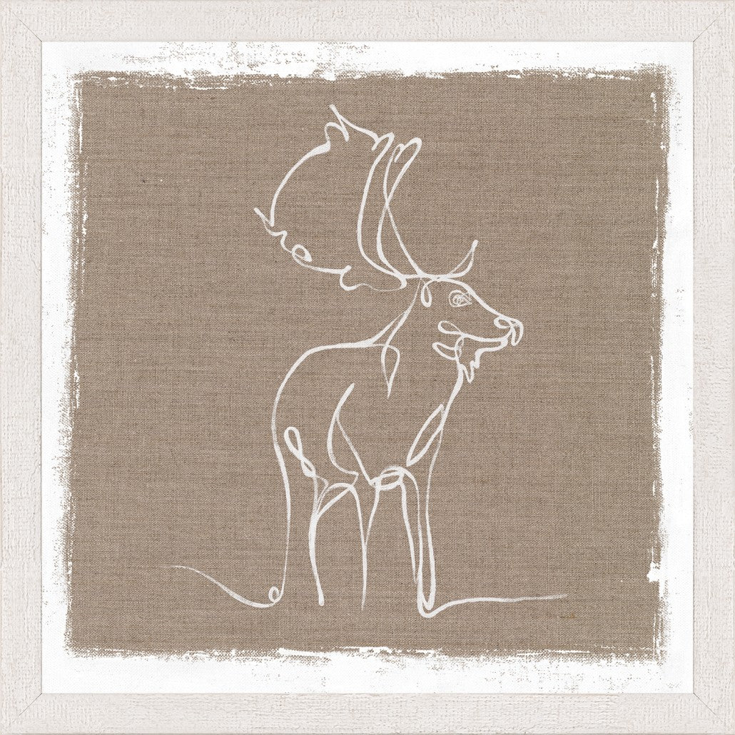 Cottage – One Line Moose wall art featuring a white outline of a moose on a beige background