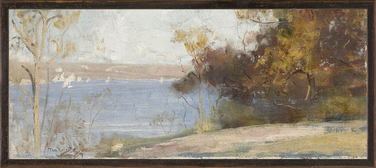 Northern Collection – Lake View C. 1894 wall art featuring a serene lakeside scene with trees and soft colors.