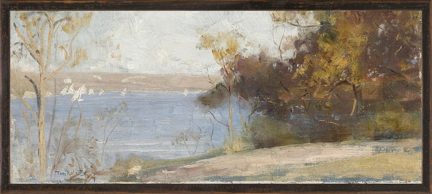 Northern Collection – Lake View C. 1894 wall art featuring a serene lakeside scene with trees and soft colors.