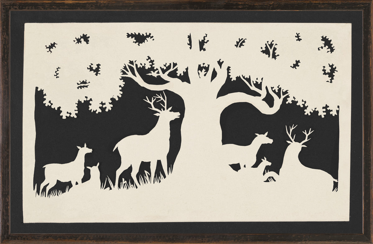 Northern Collection – Deer Under a Large Tree C. 1850, silhouette art featuring deer under a tree, black and cream colors.