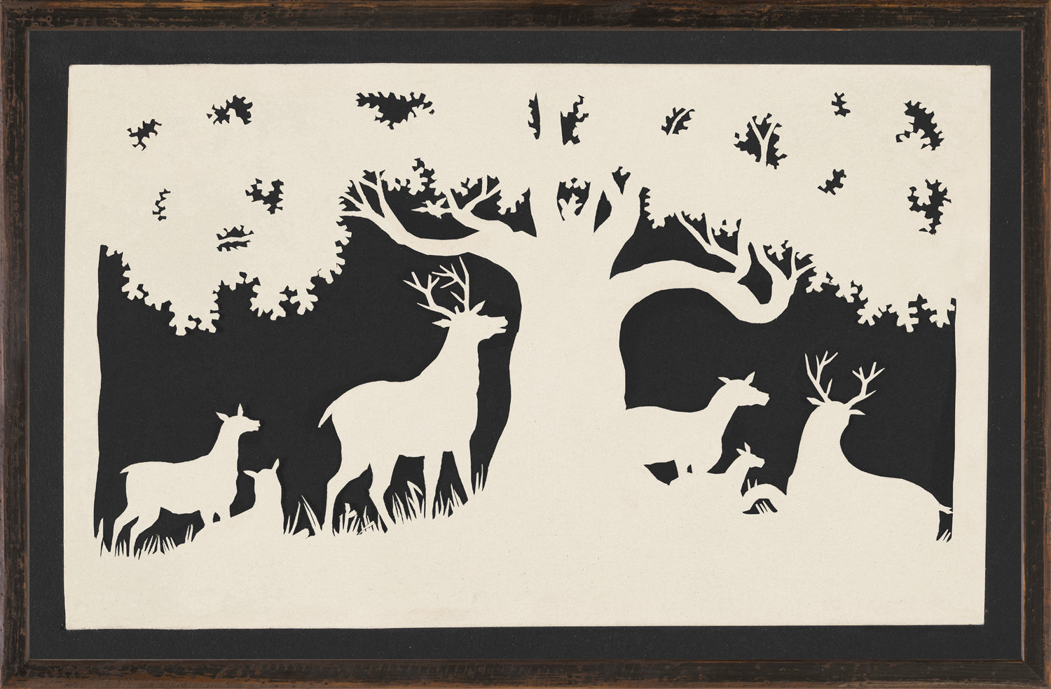 Northern Collection – Deer Under a Large Tree C. 1850, silhouette art featuring deer under a tree, black and cream colors.