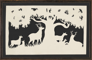 Northern Collection – Deer Under a Large Tree C. 1850, silhouette art featuring deer under a tree, black and cream colors.