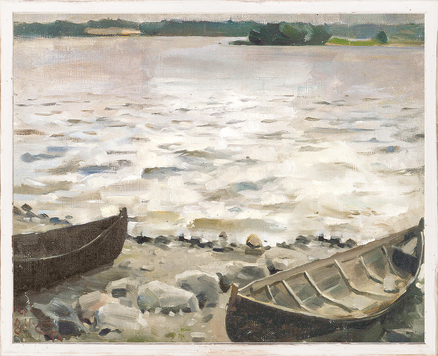 Northern Collection – Boats on the Beach C. 1884 wall art featuring two boats on a rocky shore.