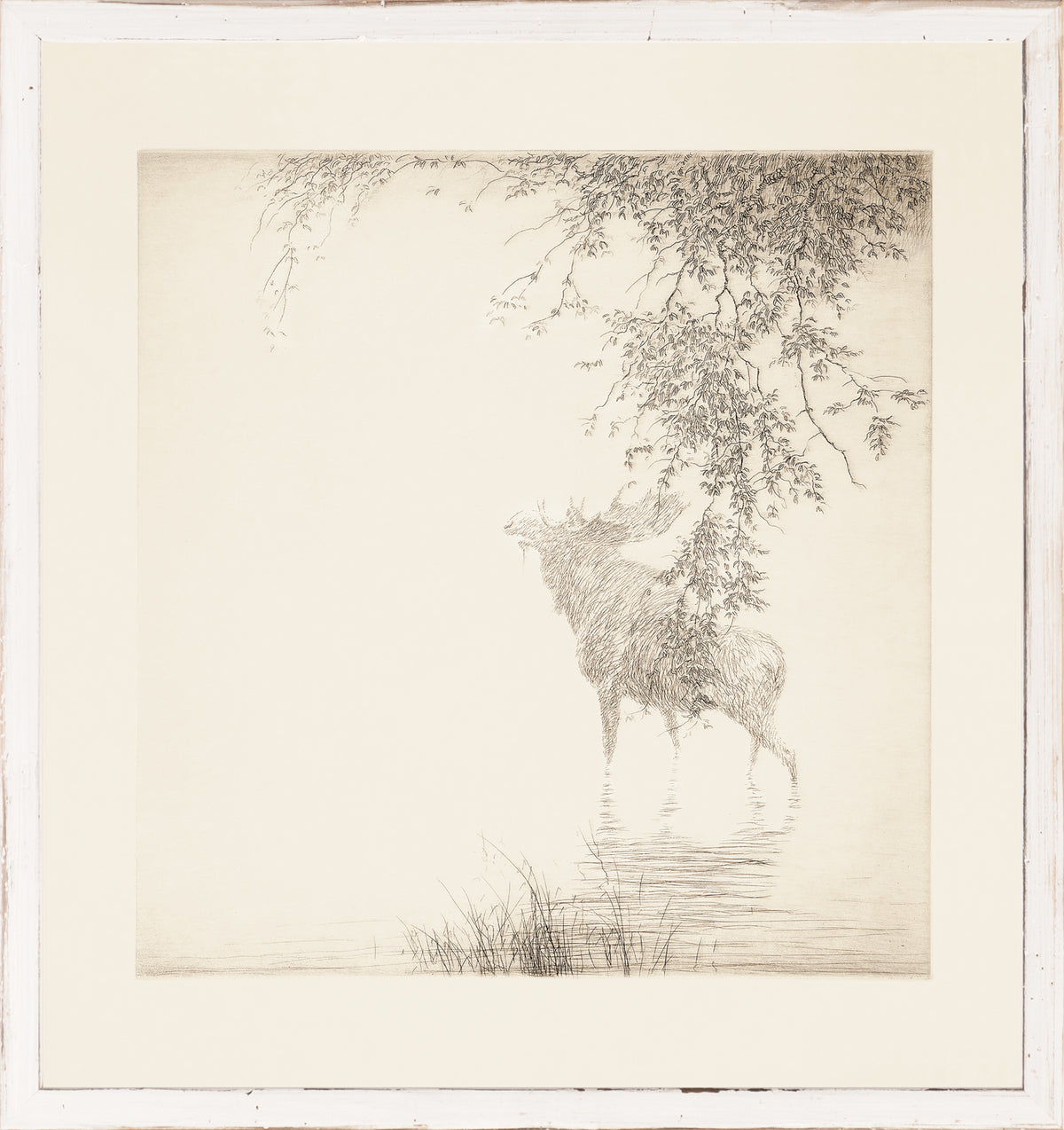 Northern Collection – Shadows on the Agawa C. 1889 wall art featuring a moose silhouette in soft tones.