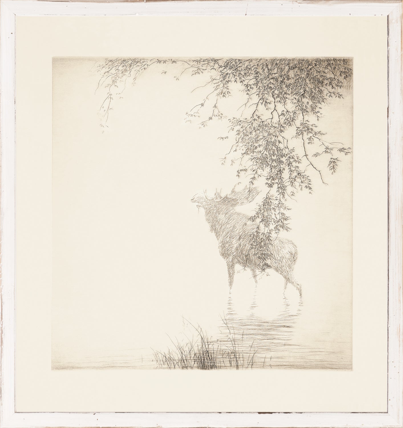 Northern Collection – Shadows on the Agawa C. 1889 wall art featuring a moose silhouette in soft tones.