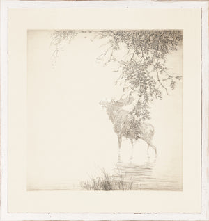 Northern Collection – Shadows on the Agawa C. 1889 wall art featuring a moose silhouette in soft tones.