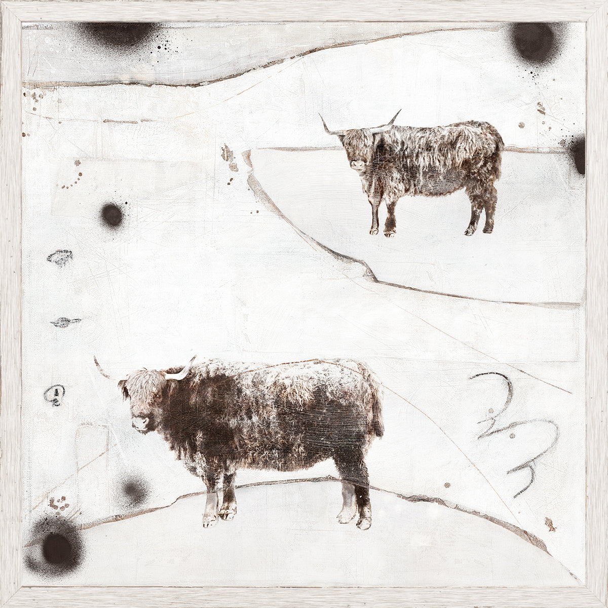 Carousel – Highland Cows wall art featuring two textured cows on a light background with abstract elements.