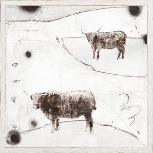 Carousel – Highland Cows wall art featuring two textured cows on a light background with abstract elements.