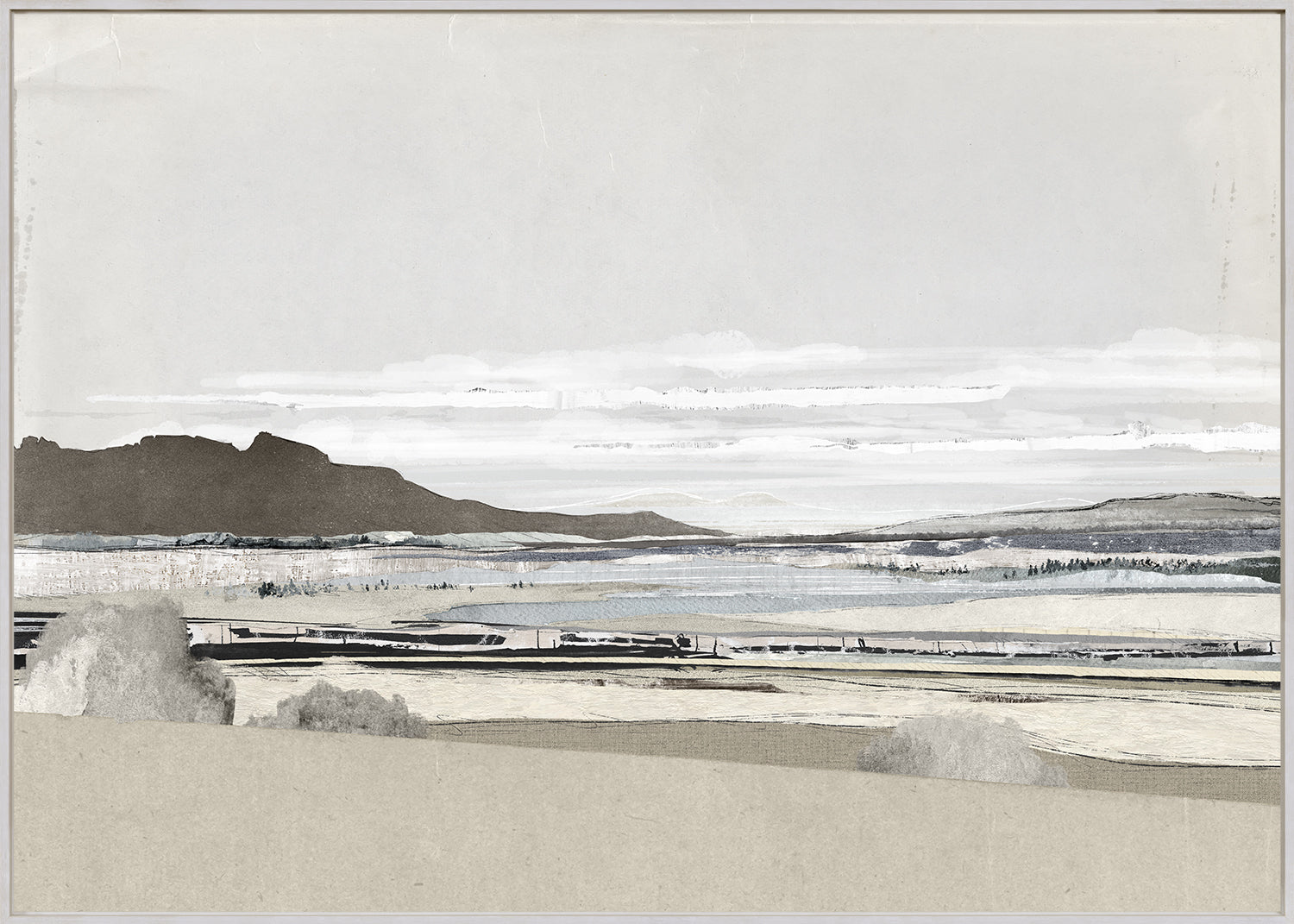Decoupage Horizon III features a muted landscape with gray mountains, soft clouds, and a serene water body, showcasing a minimalist style.
