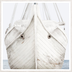 Seaworn Bows II wall art featuring a close-up of a weathered white boat bow against a calm sea.