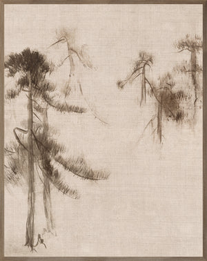 Ink Wash Pines IV wall art featuring soft brown ink trees on a textured beige background.