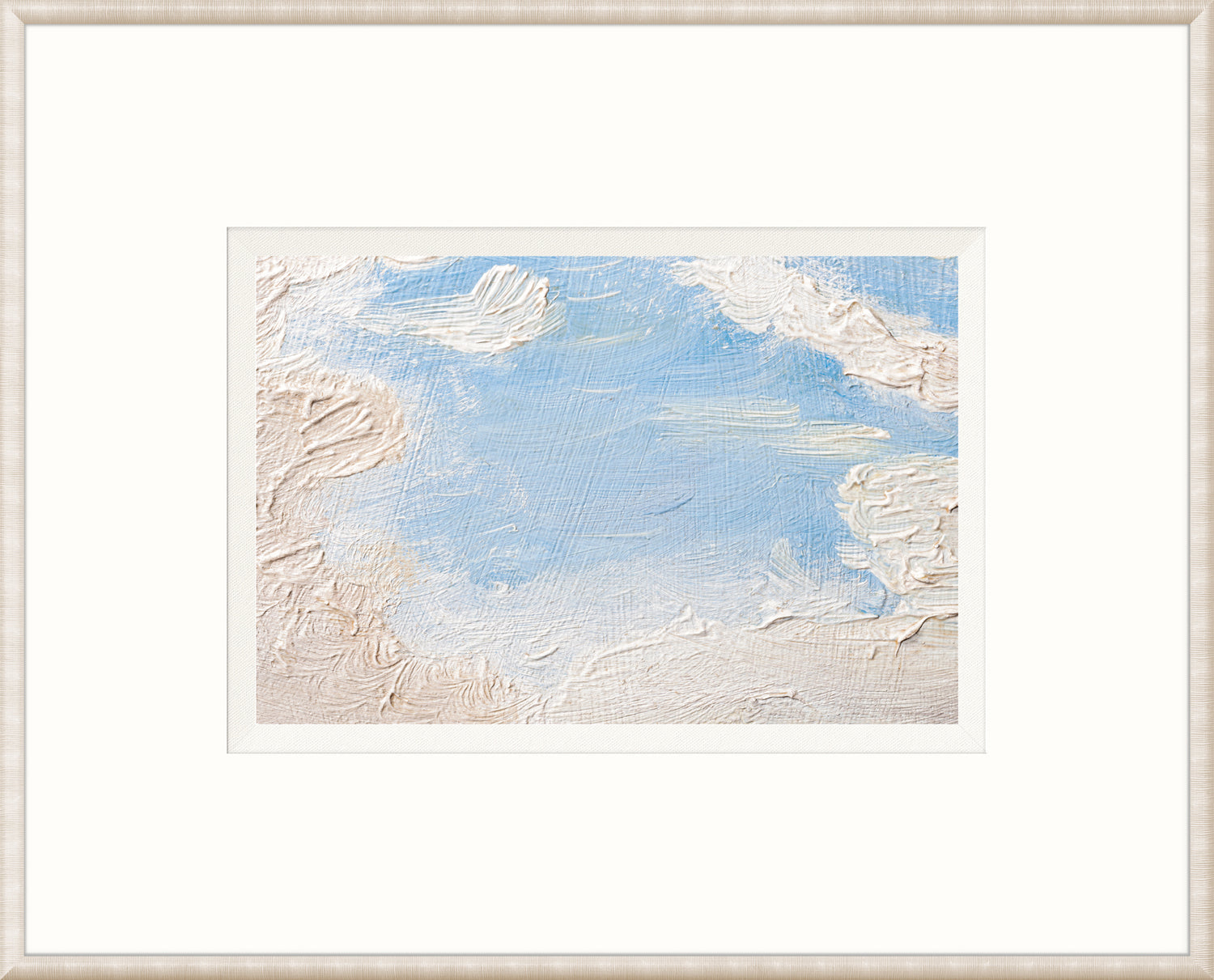 Embellished Cloud Study II wall art featuring textured clouds and blue sky in a white frame.