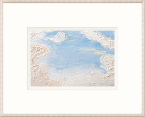 Embellished Cloud Study II wall art featuring textured clouds and blue sky in a white frame.
