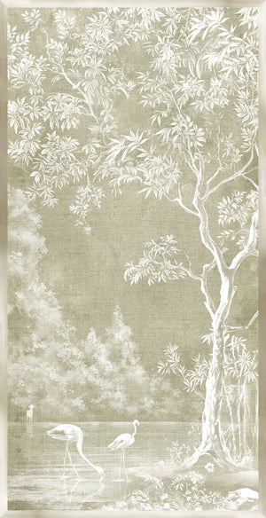 Flamingo Sanctuary I wall art featuring white flamingos and lush greenery on a soft beige background