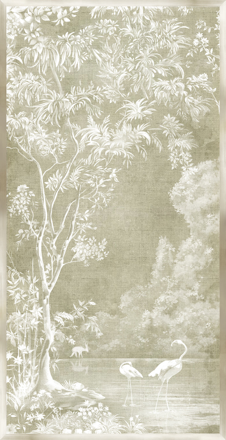 Flamingo Sanctuary II wall art featuring white flamingos and lush greenery on a soft beige background.