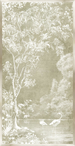 Flamingo Sanctuary II wall art featuring white flamingos and lush greenery on a soft beige background.