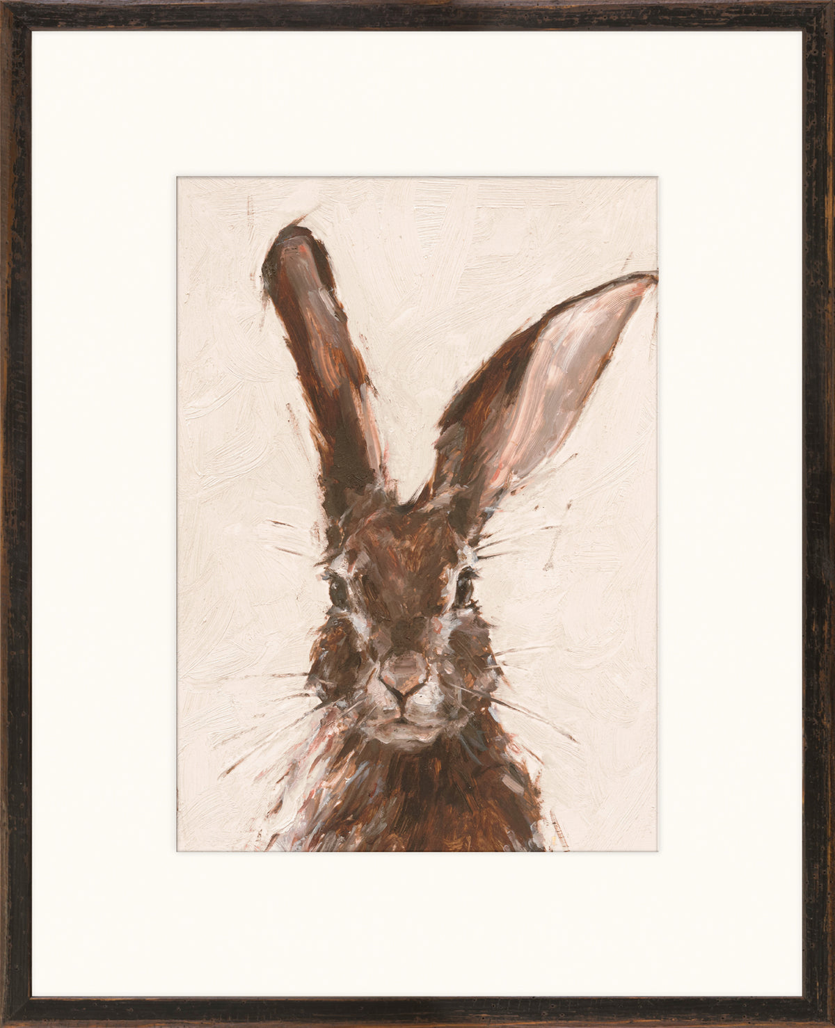 European Hare II wall art featuring a close-up of a brown hare with large ears on a textured background.