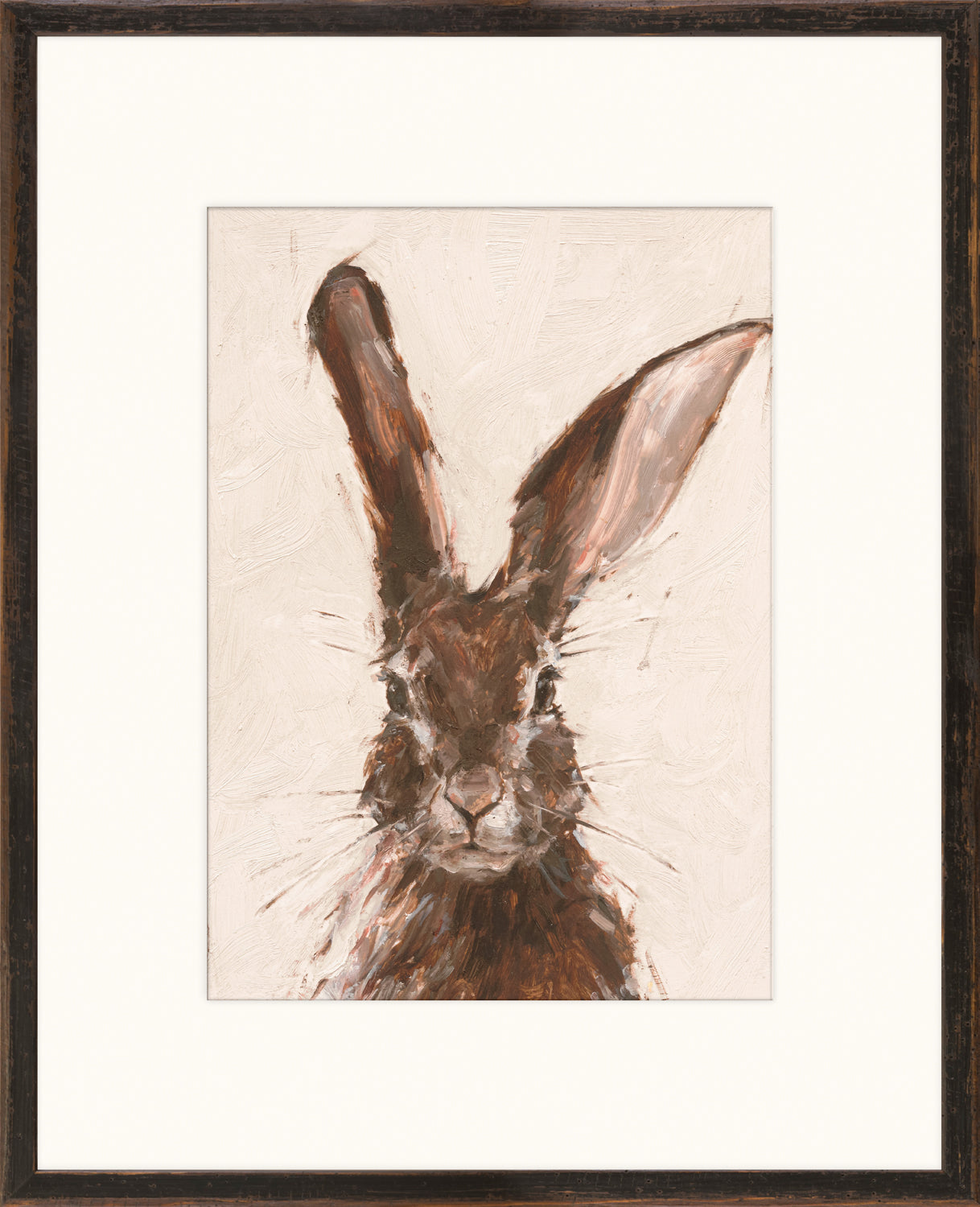 European Hare II wall art featuring a close-up of a brown hare with large ears on a textured background.