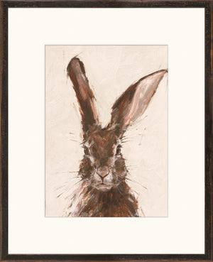 European Hare II wall art featuring a close-up of a brown hare with large ears on a textured background.