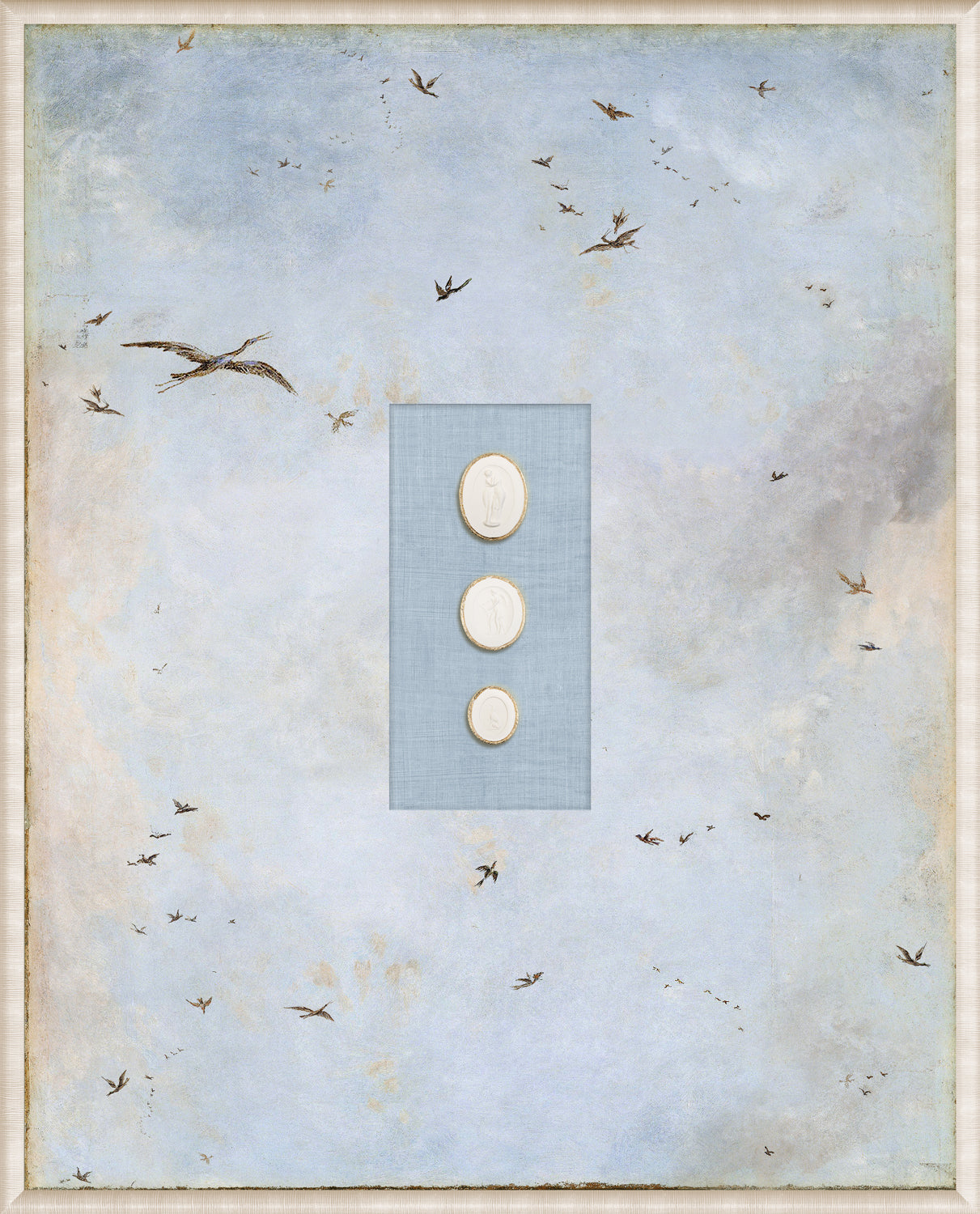 Grand Tour Intaglio Spring Time Chinoiserie wall art with a soft blue sky and flying birds.