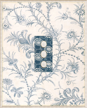 Grand Tour Intaglio – Soaring III wall art with white intaglios on a dark blue floral patterned background.