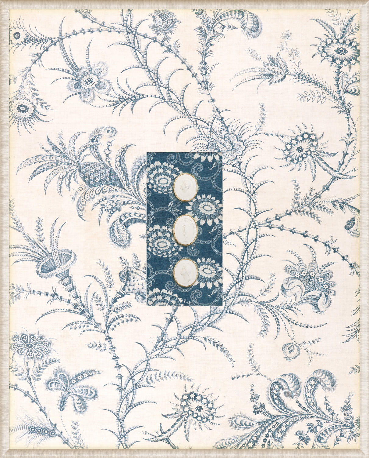 Grand Tour Intaglio Spring Time Chinoiserie wall art featuring blue floral patterns on a cream background.