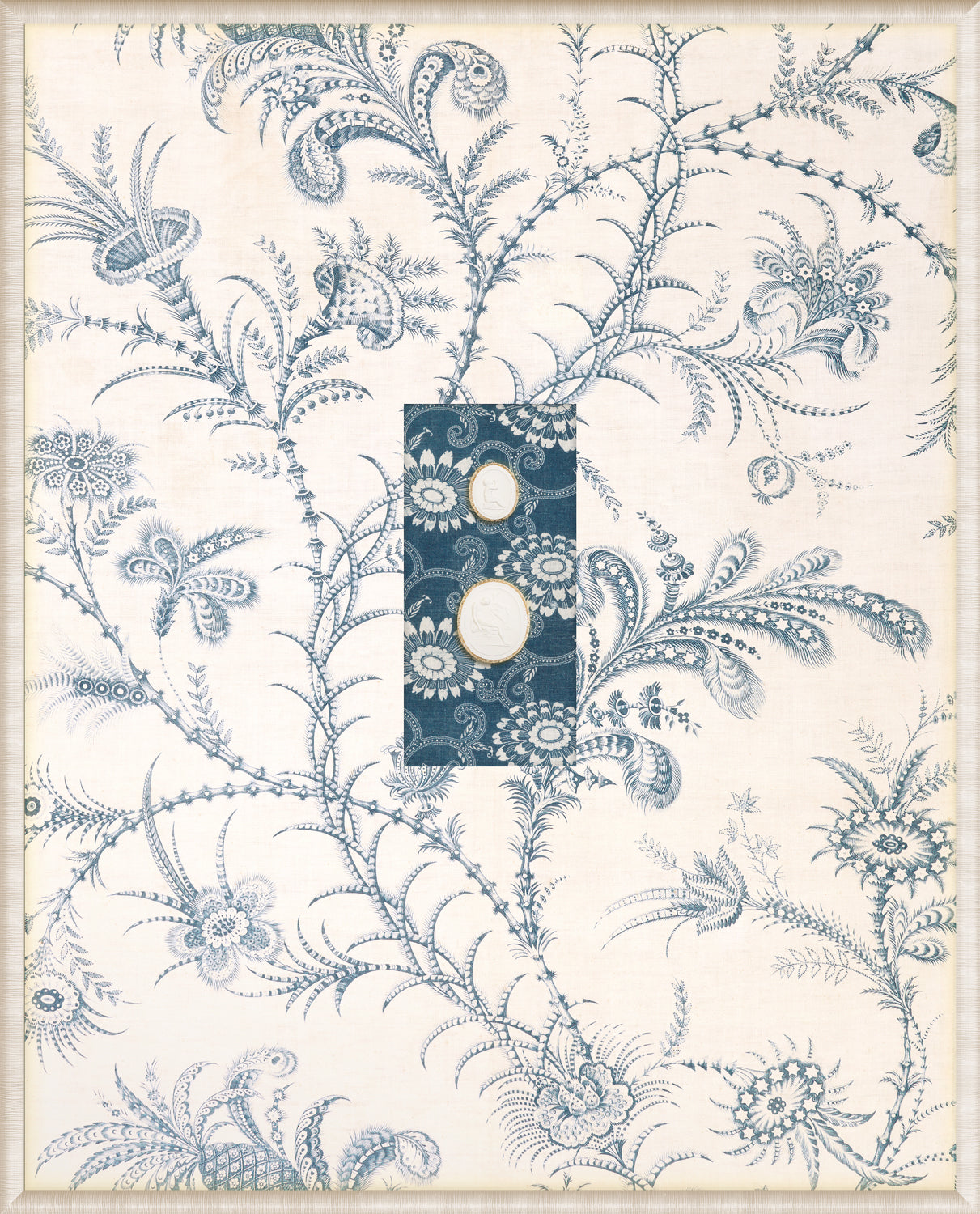 Grand Tour Intaglio – Soaring I wall art with a floral blue and white pattern and two intaglio pieces.