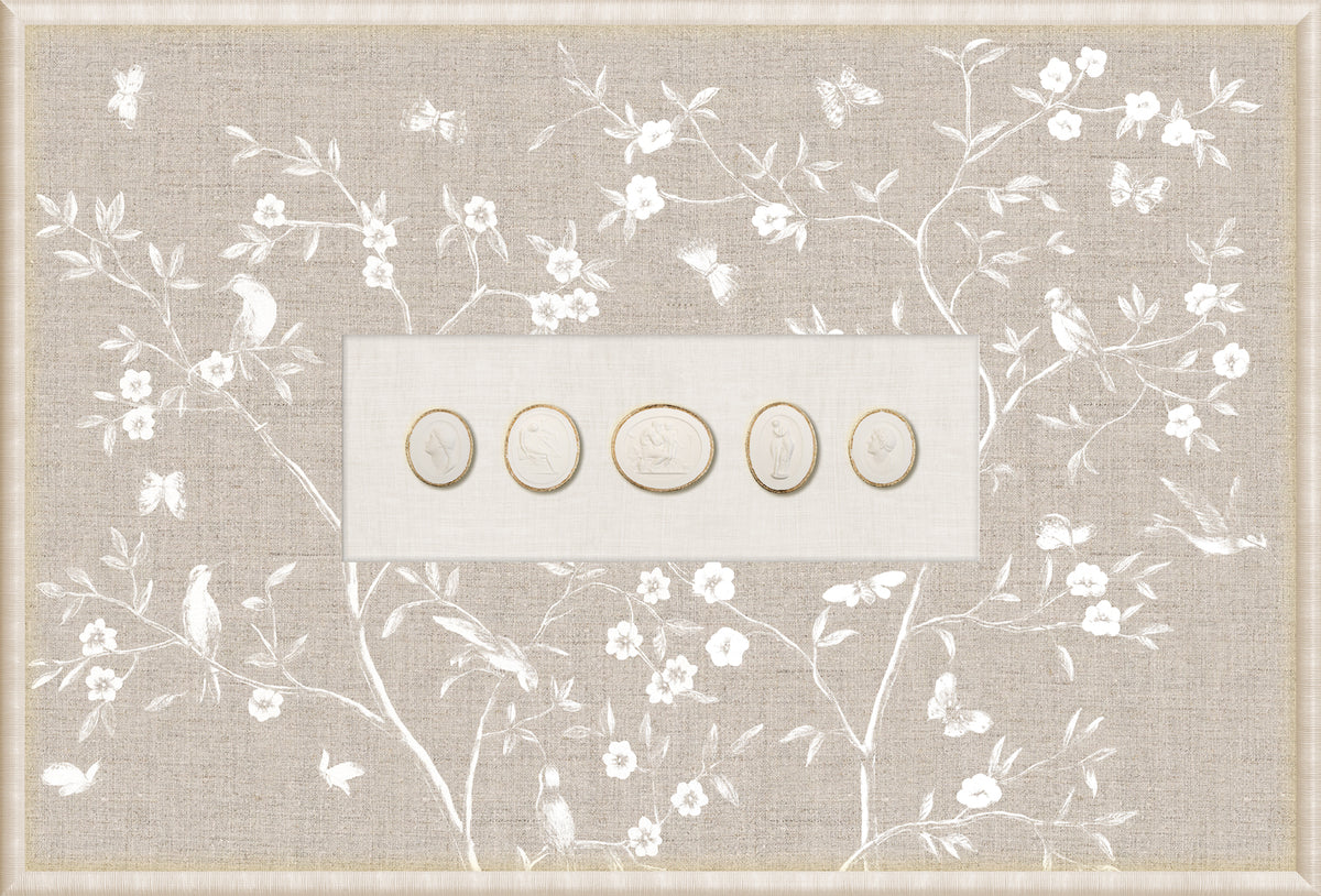 Grand Tour Intaglio – Linen Sanctuary III wall art featuring floral design and intaglio medallions.