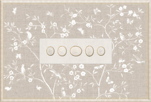 Grand Tour Intaglio – Linen Sanctuary I displaying five circular medallions on beige linen with floral design.