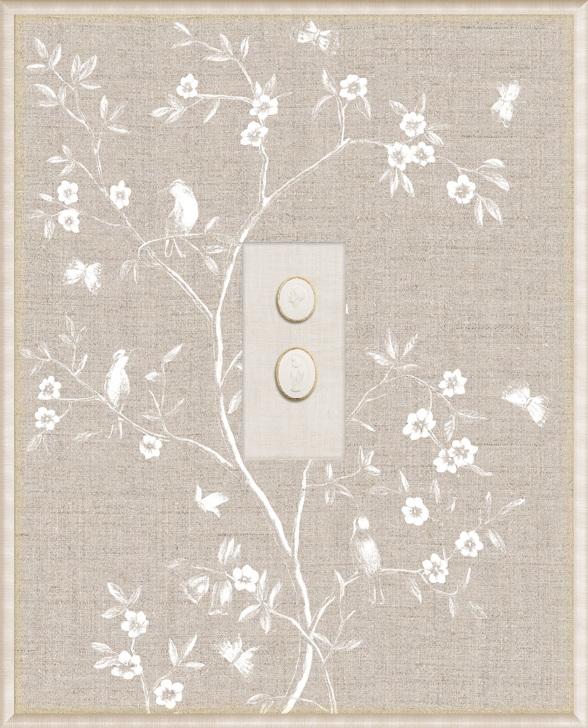 Grand Tour Intaglio – Linen Sanctuary I featuring white floral design on beige linen background.