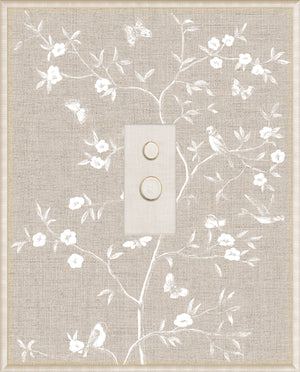 Grand Tour Intaglio – Linen Sanctuary I with white floral pattern and two circular medallions on beige linen.