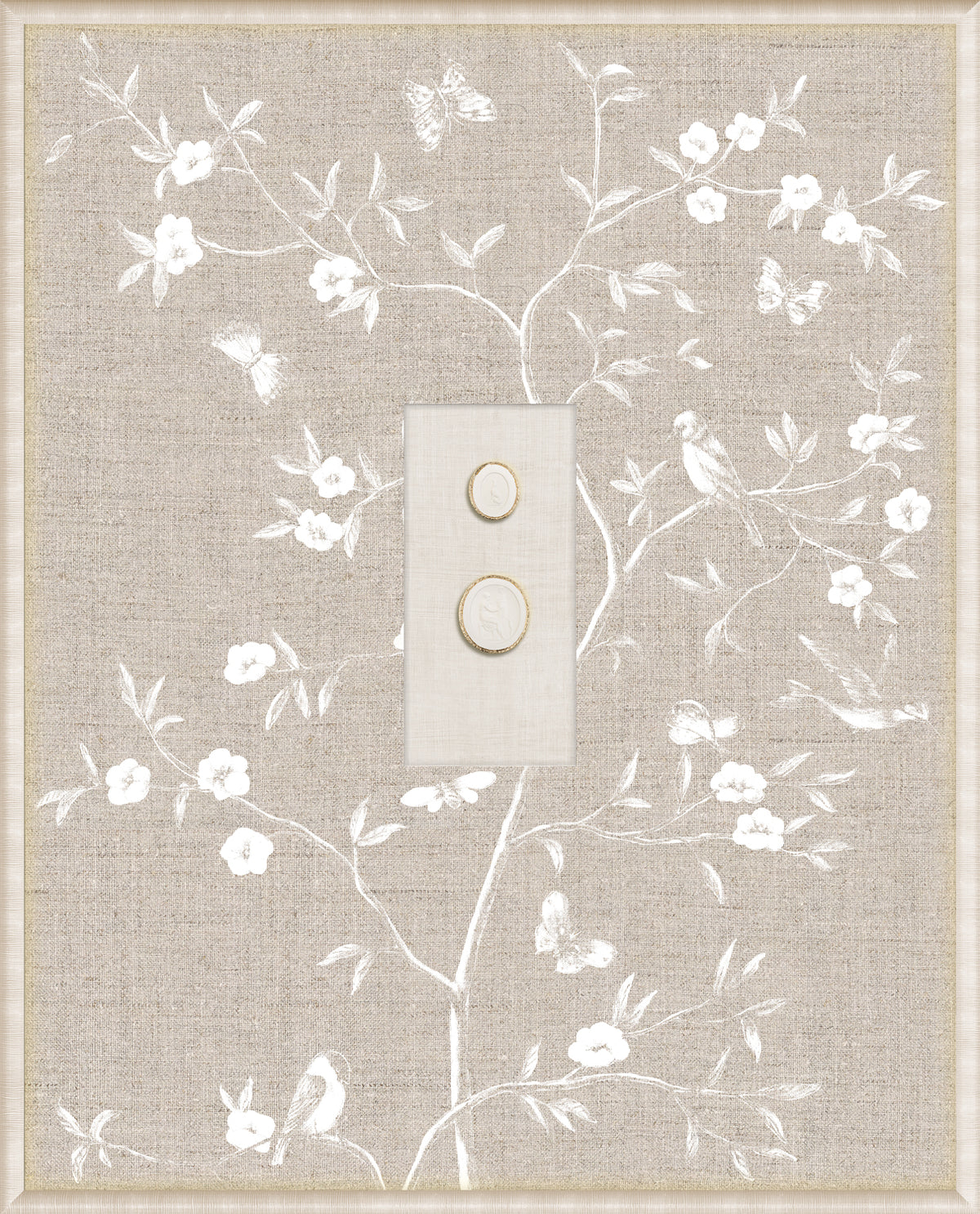 Grand Tour Intaglio – Linen Sanctuary II wall art featuring white floral design on beige linen.
