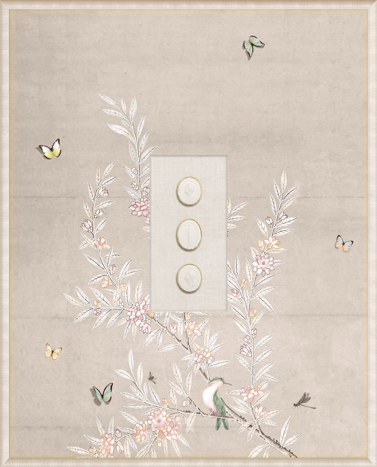 Grand Tour Intaglio – Spring Time Chinoiserie in Crème I, Form VI framed art print, 16.75 × 20.75 in