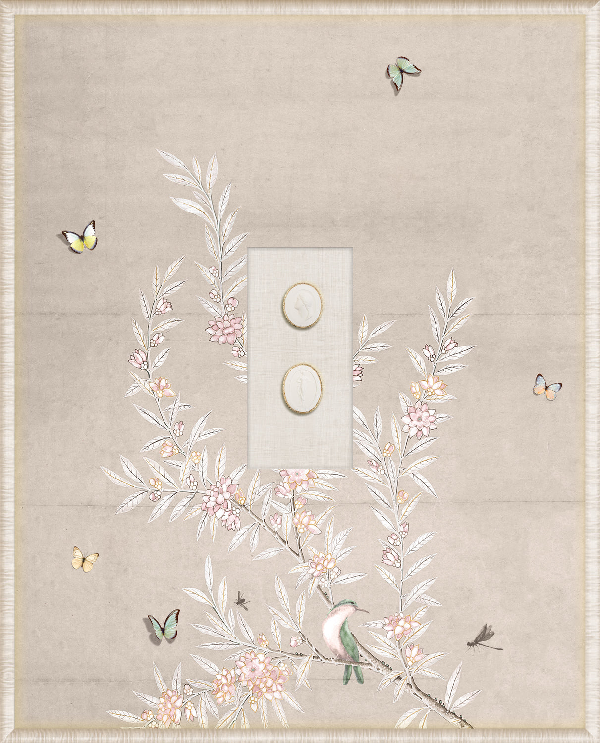 Grand Tour Intaglio Spring Time Chinoiserie wall art featuring a bird and floral elements with butterflies in crème.
