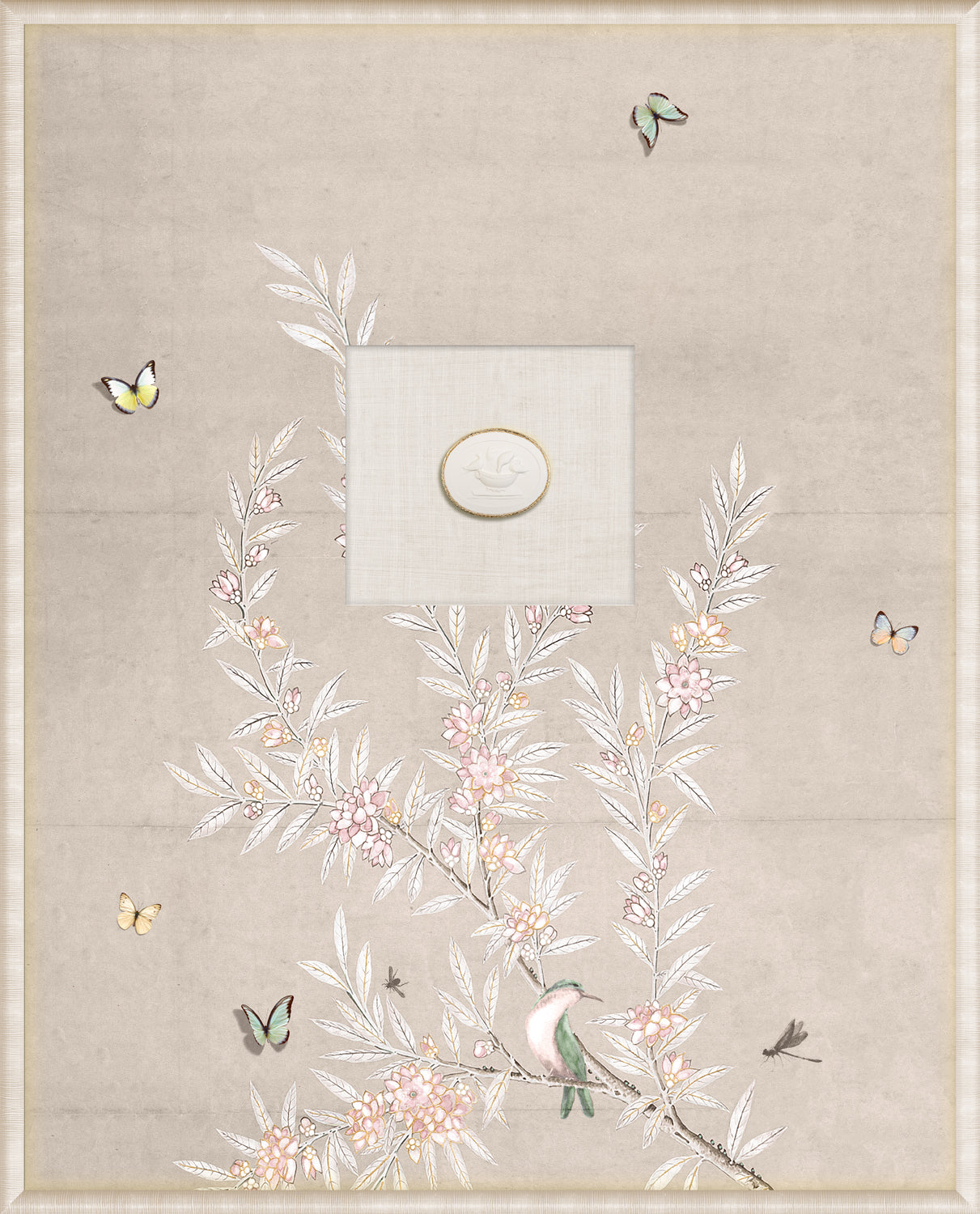 Grand Tour Intaglio – Spring Time Chinoiserie in Crème I, Form XII framed art print, 16.75 × 20.75 in