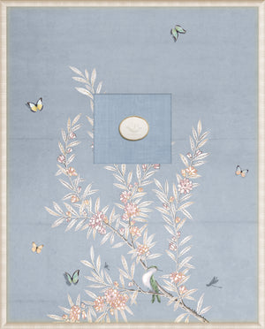 Grand Tour Intaglio Spring Time Chinoiserie wall art in powder blue with a central intaglio and floral accents.
