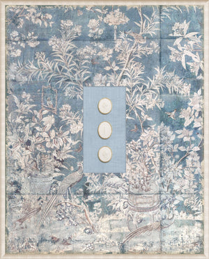 Grand Tour Intaglio – Soaring III wall art featuring white intaglios on a textured blue floral background.