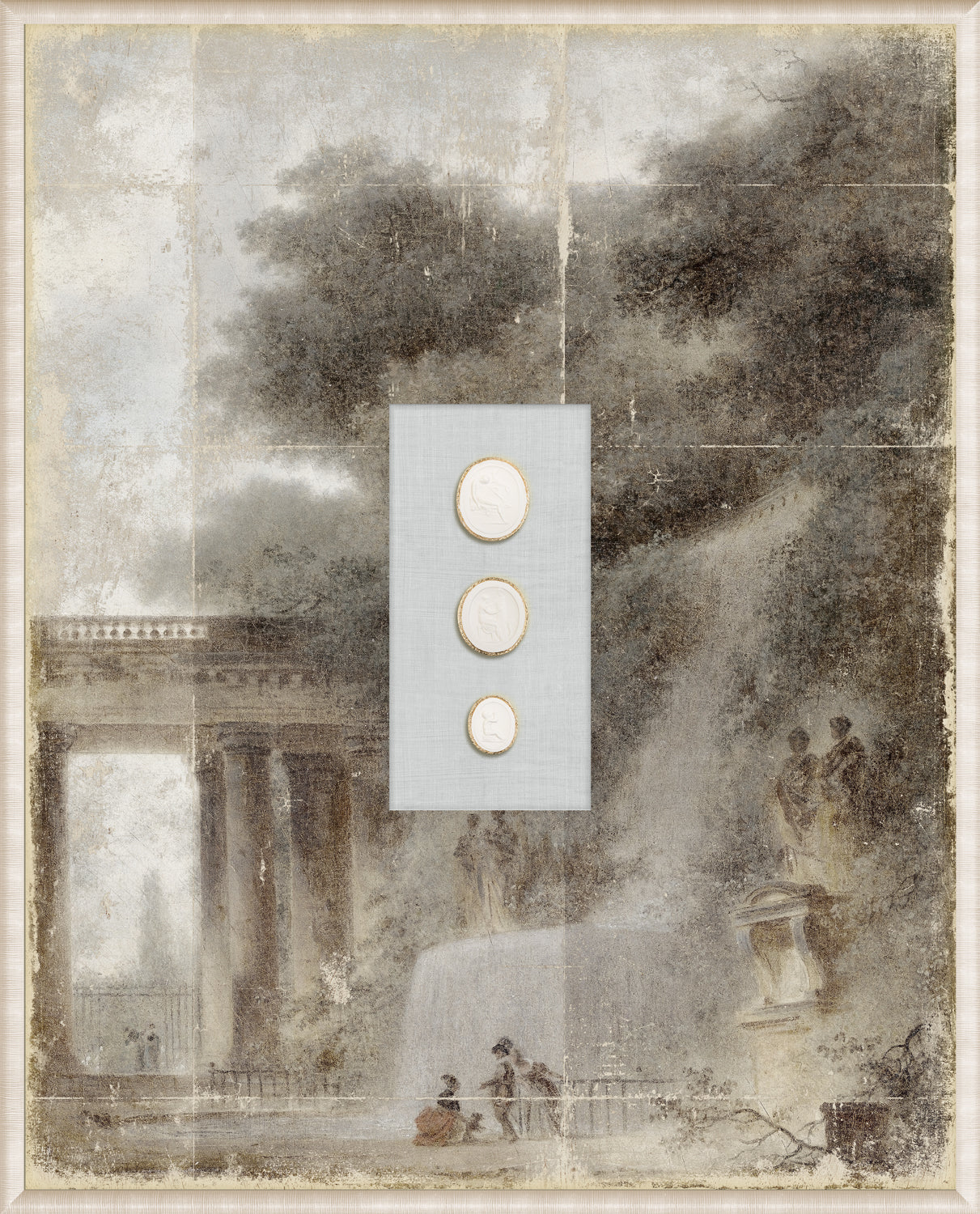 Grand Tour Intaglio – Fragonard – A Shaded Avenue wall art displaying a waterfall scene with three intaglio medallions.