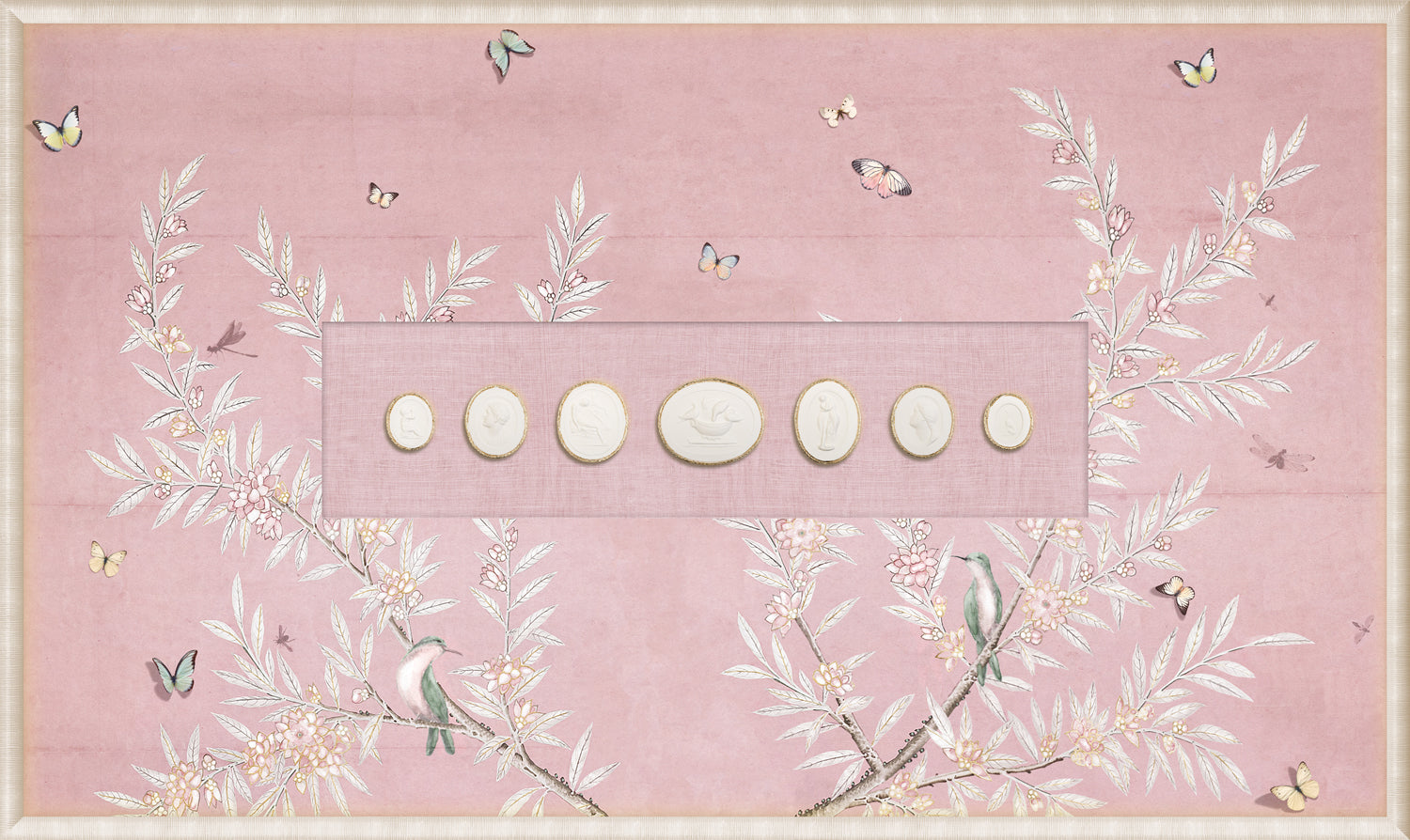 Grand Tour Intaglio – Spring Time Chinoiserie in Blush III, Form I framed art print, 14.75 × 24.75 in