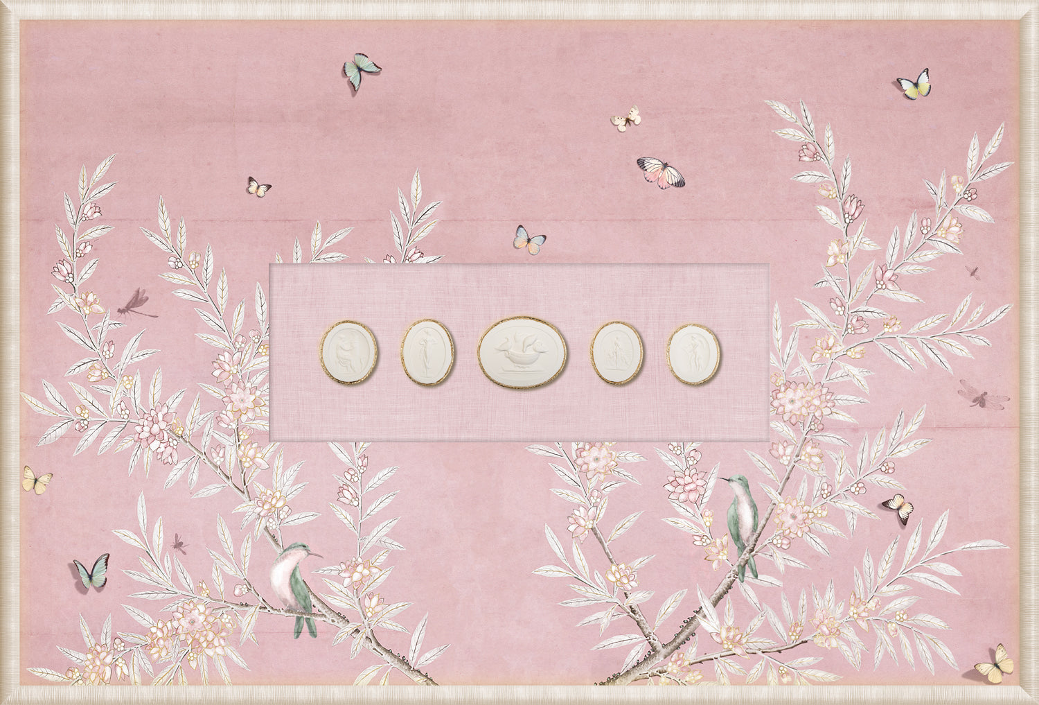 Grand Tour Intaglio – Spring Time Chinoiserie in Blush II, pink wall art with multiple decorative elements and butterflies