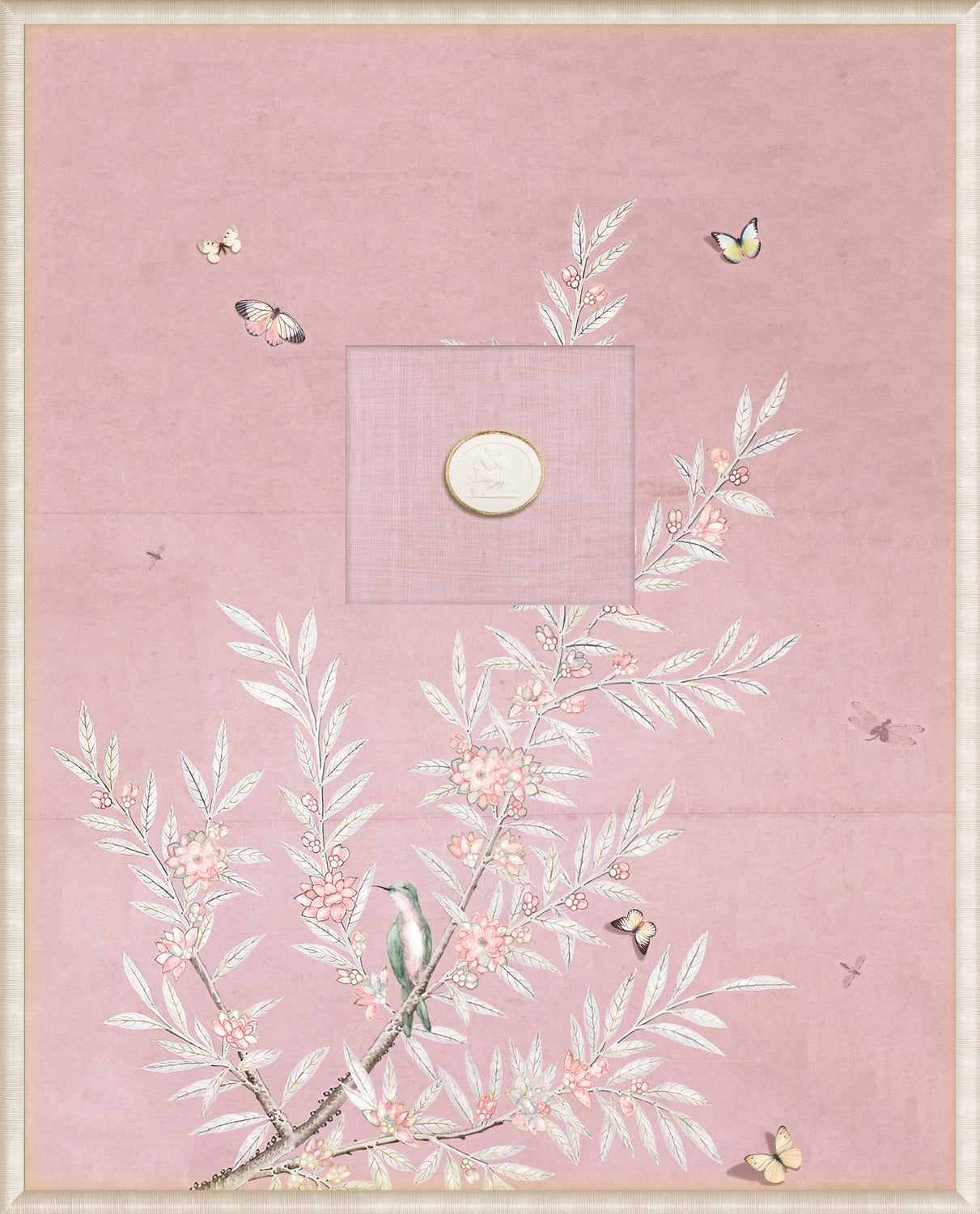 Grand Tour Intaglio – Spring Time Chinoiserie in Blush II, pink wall art with butterflies and floral design