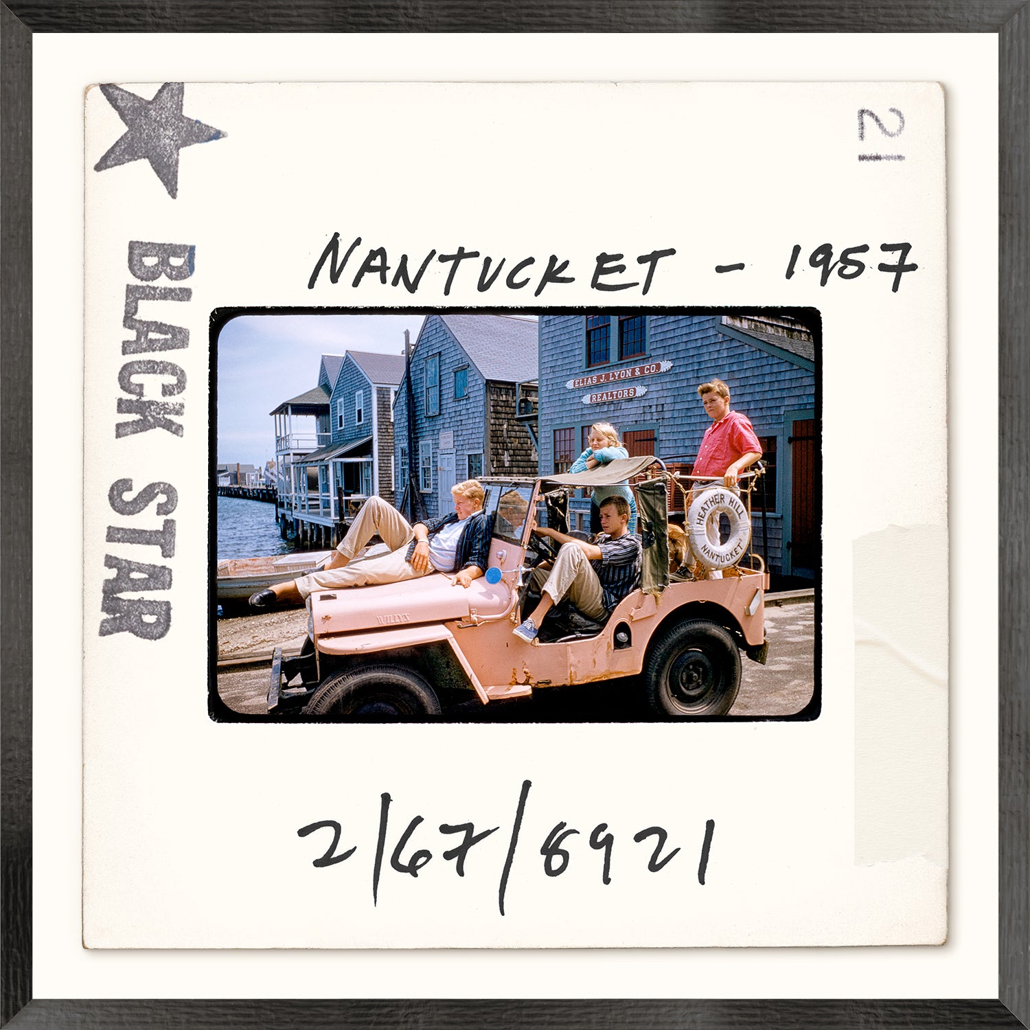 Toni Frissell Slides – Nantucket I C. 1957, vintage photo of four people in a pink jeep by the water.