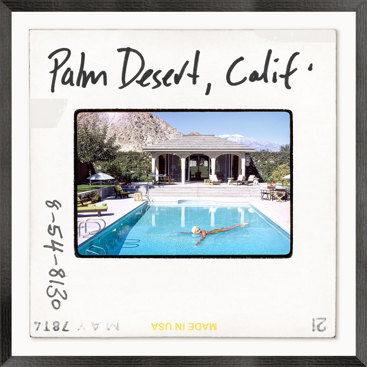 Toni Frissell Slides – Palm Desert, CA C. 1954, vintage photo of a pool scene with a swimmer.