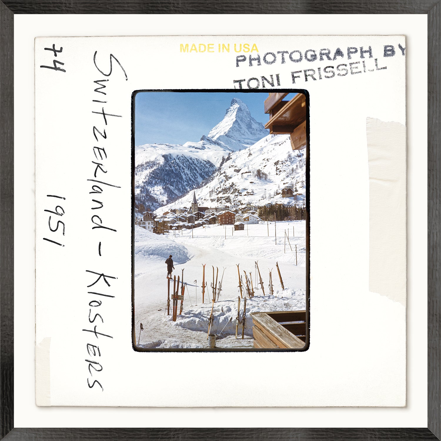 Toni Frissell Slides – Switzerland, Klosters 1951, featuring snowy mountains and a skier.