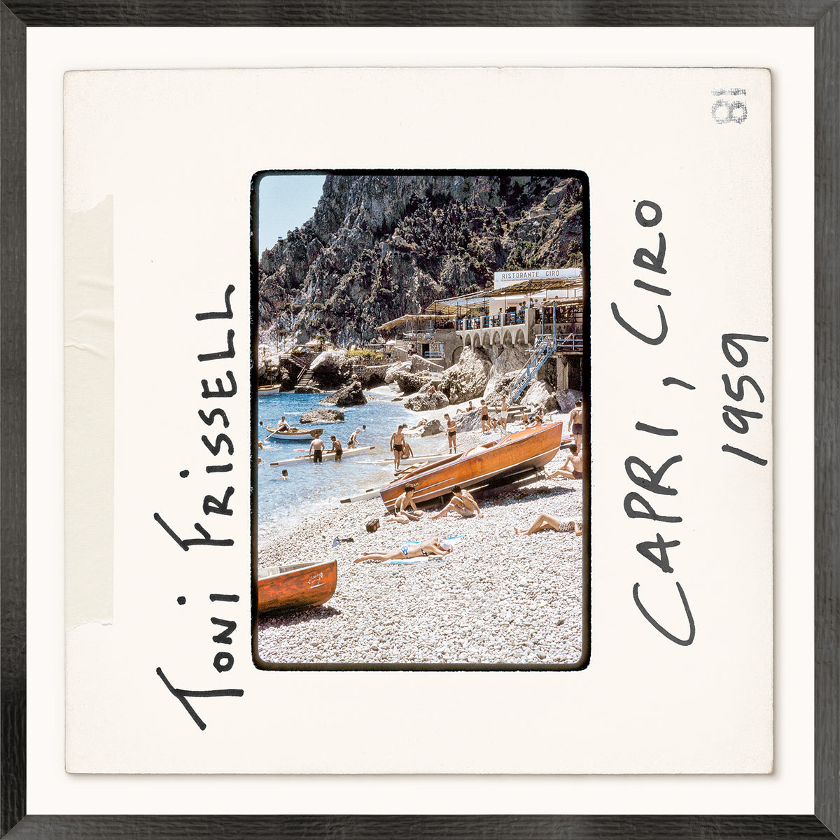 Toni Frissell Slides – Capri Ciro C. 1959, vintage beach scene with boats and people, framed